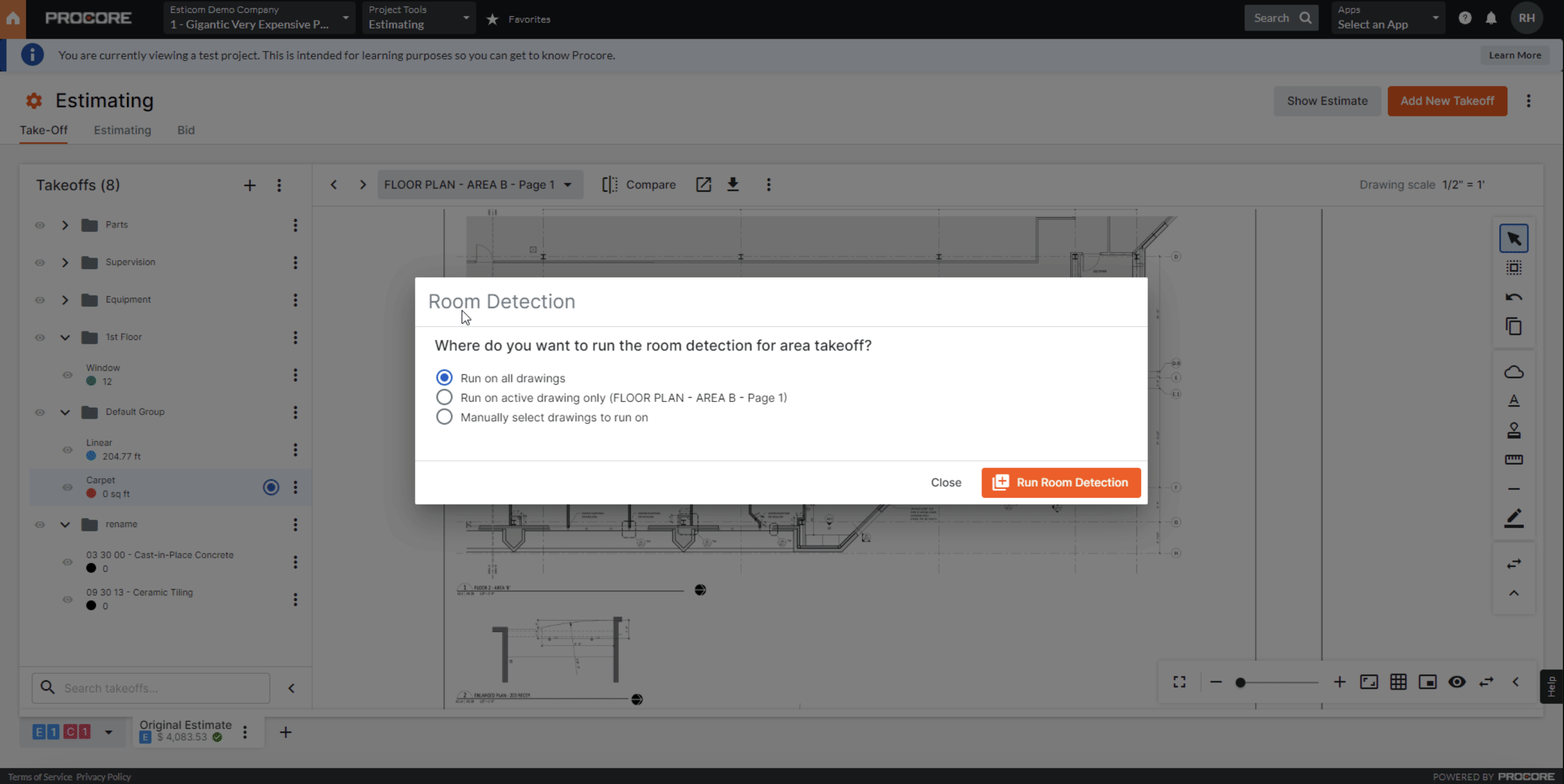 Example of automated area takeoffs during estimating in Procore.